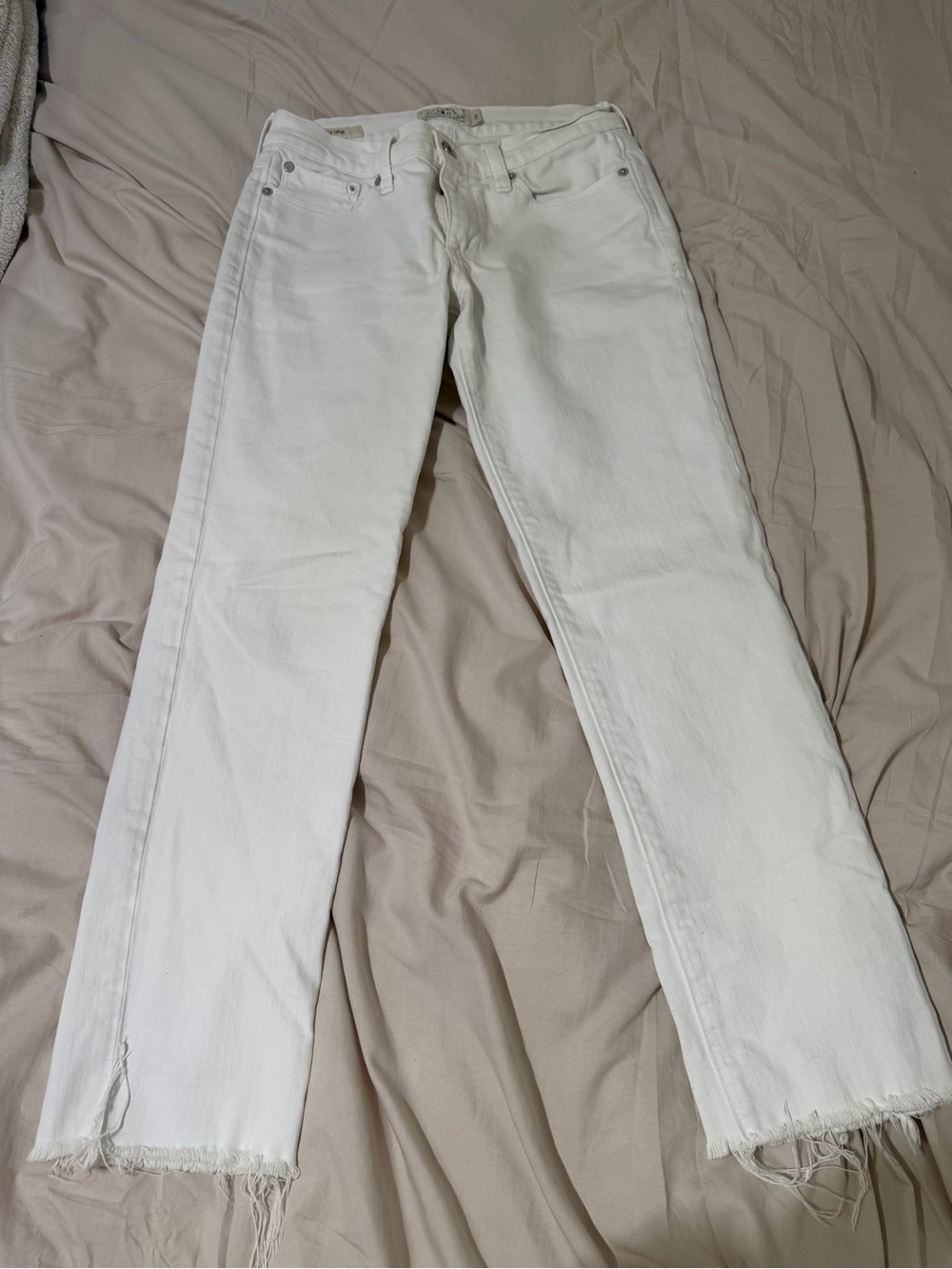 White Raw-Hem Straight Leg Jeans